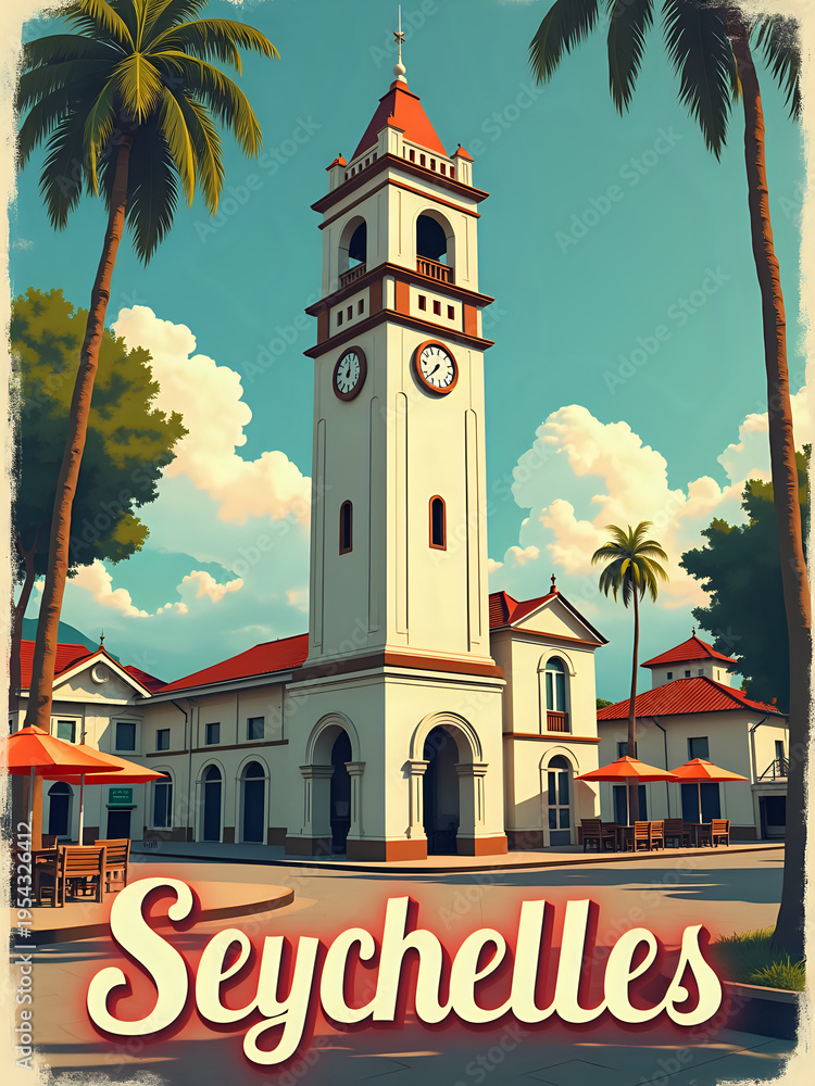 A clock tower is located in the center of Seychelles. The building has a white and red design. There are palm trees around and outdoor seating at nearby tables. The sky is clear and sunny.