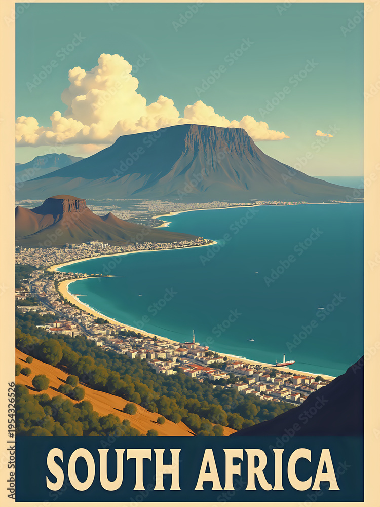 A coastal scene of South Africa shows Table Mountain in the background. The city lies by the water with buildings and boats. Green hills meet the blue sea under clouds.