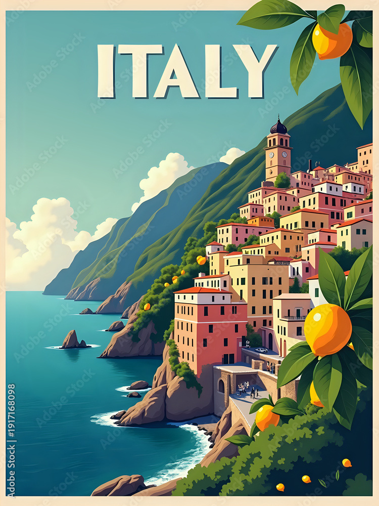 A coastal village sits on a mountain slope next to the ocean. Bright houses in various colors fill the scene. The sky is clear. Orange trees add color to the foreground.