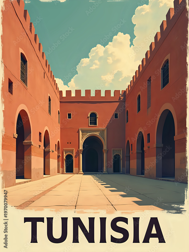 A courtyard in Tunisia shows large arches and orange walls under a bright sky. The scene captures architectural details and shadows in the middle of the day.