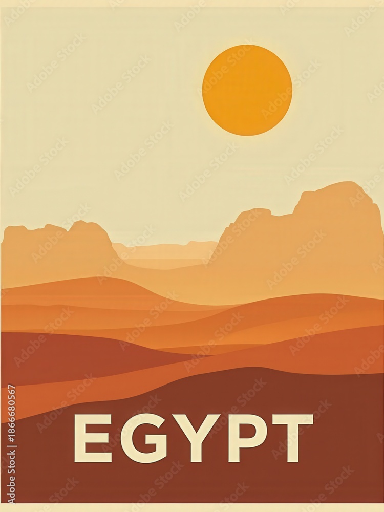 A desert scene shows rolling sand dunes in warm colors under a large sun. Mountains rise in the distance. The setting captures the essence of Egypts natural beauty and open space.
