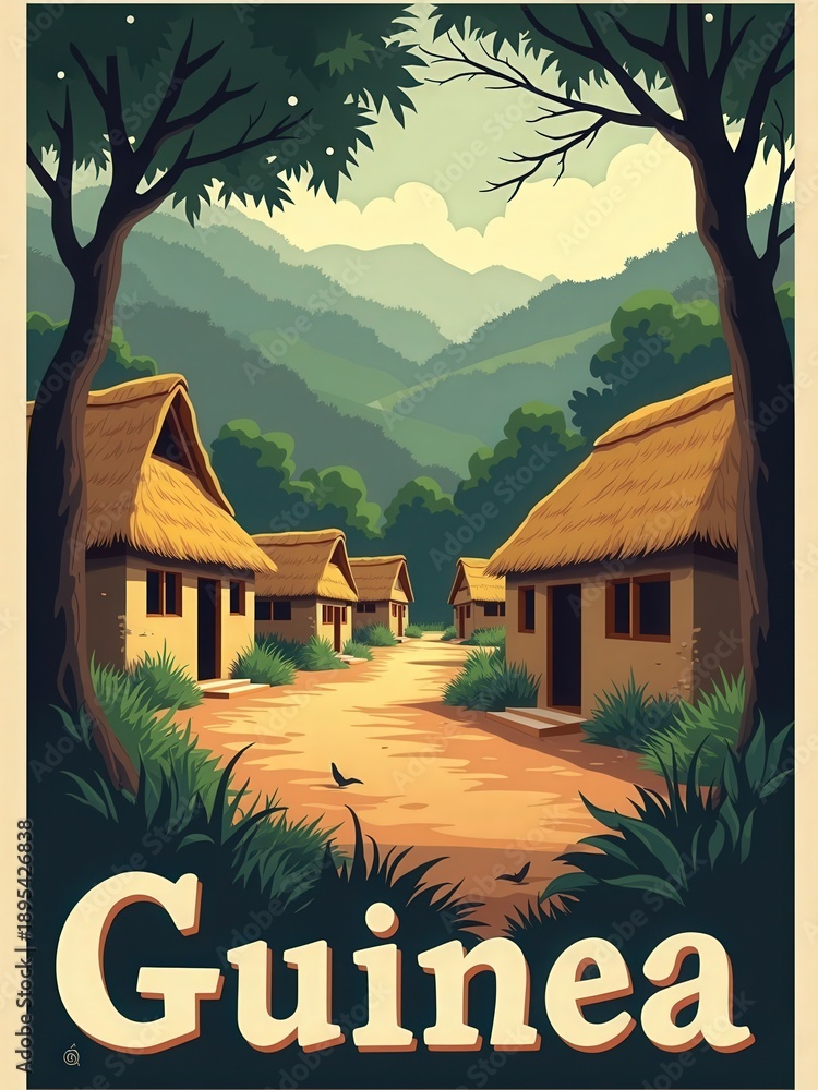 A dirt path leading through a village in Guinea. Several huts with thatched roofs stand on either side. Lush green trees and mountains surround the area.