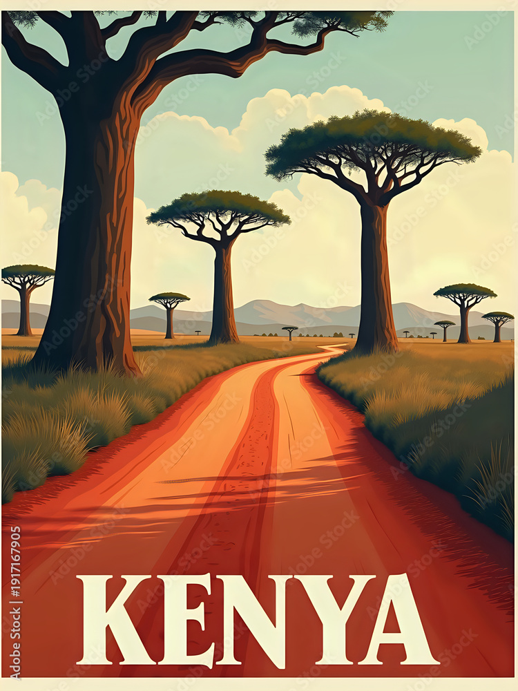 A dirt road winds through a landscape filled with tall acacia trees. In the distance, mountains rise under a clear sky. This scene depicts a serene moment in Kenya during the evening.