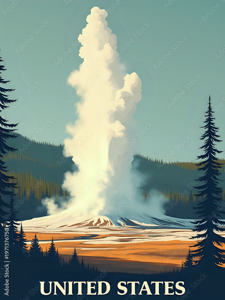 A geyser erupts in Yellowstone National Park, sending steam and water into the air. Tall trees surround the area, and the ground shows signs of geothermal activity. The sky is clear.
