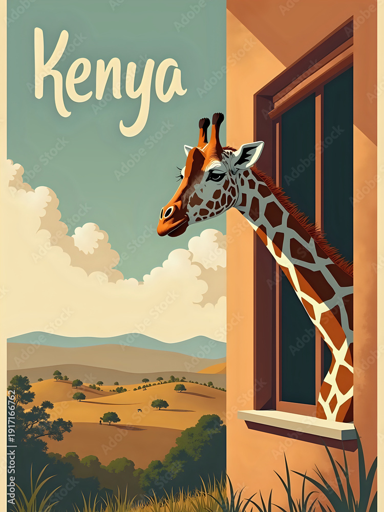 A giraffe is looking out of a window in Kenya. The scene shows rolling hills and distant mountains. The sky has fluffy clouds. The image captures wildlife and nature in a simple way.