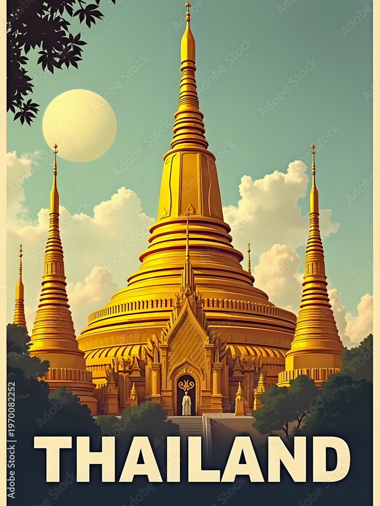 A golden pagoda rises high against the clear sky in Thailand. The sun shines bright above with fluffy clouds. Trees surround the structure, adding to the view of this cultural site.