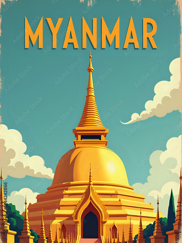 A golden stupa stands prominent against a clear blue sky filled with soft white clouds. This structure is part of Myanmars rich heritage and showcases local architecture.