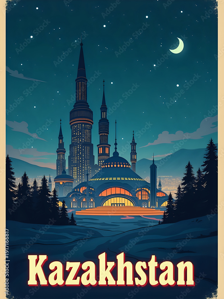 A grand structure stands in Kazakhstan at night under a crescent moon. Tall towers rise into the sky, and the dome is brightly lit. Pine trees frame the scene, creating a sense of nature nearby.