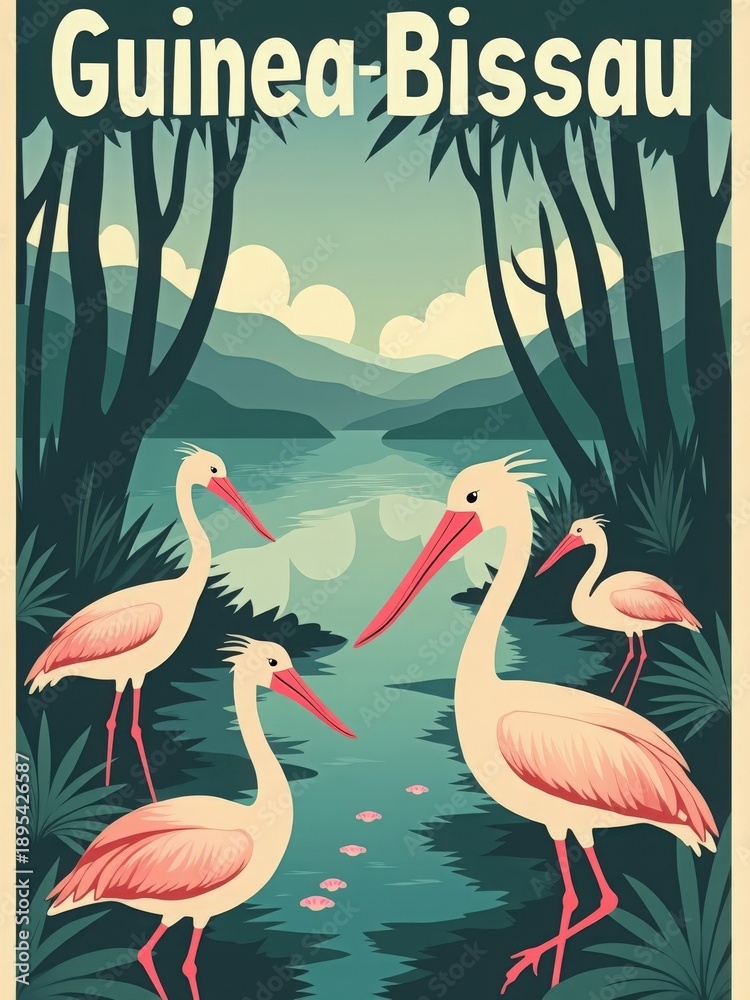 A group of birds is gathered near a river in Guinea-Bissau. The birds are standing on the bank, and the water reflects the trees and sky. The landscape shows greenery and plants around the water.