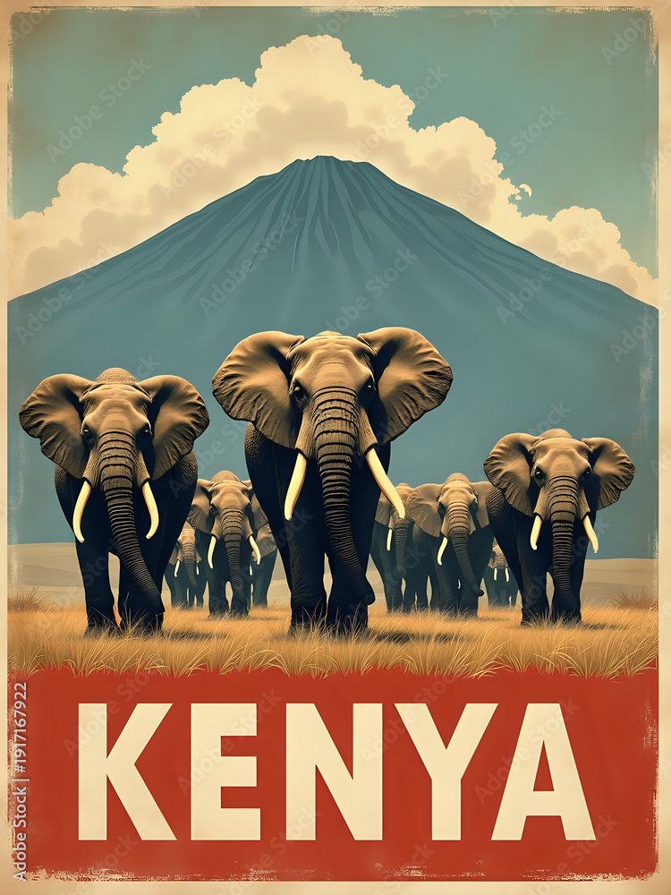 A group of elephants walks across open grassland in Kenya. In the background, a mountain rises under a blue sky with some clouds. The scene captures wildlife in its natural habitat.