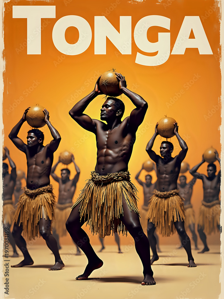 A group of men dance in Tonga, wearing grass skirts and lifting coconut bowls above their heads. Their movements show cultural practices and traditions. The background is bright orange.