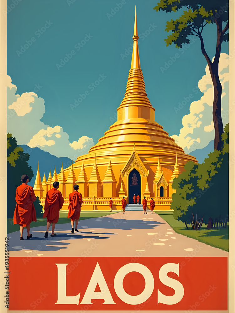 A group of monks in orange robes walks towards a golden temple in Laos. The sun shines down as mountains are visible in the background. The scene shows local culture and architecture.