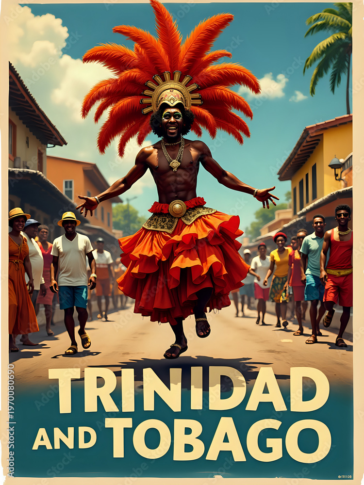 A group of people celebrates in the street wearing bright costumes during a festival in Trinidad and Tobago. The performer dances joyfully in a vibrant outfit while others watch and enjoy the event.