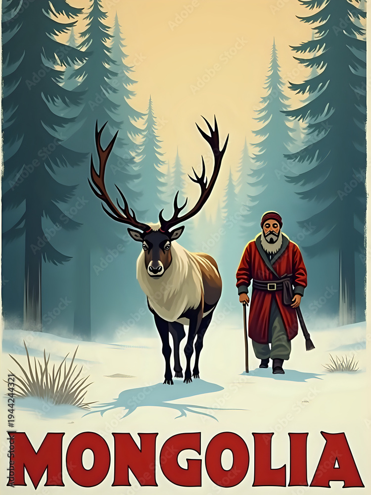 A herder walks beside a reindeer in a snowy forest in Mongolia. Tall trees surround them, creating a serene atmosphere. The herder wears traditional clothing, holding a stick for support.