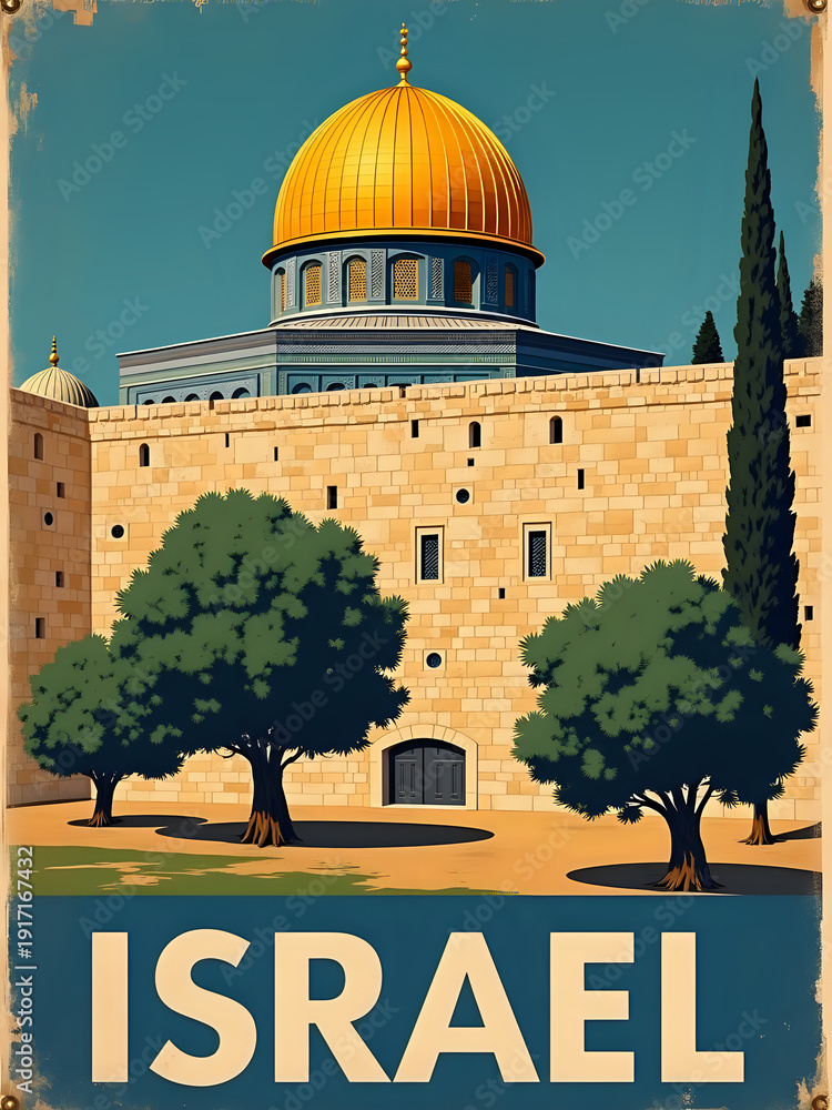 A historic site in Israel shows a golden dome rising above a stone wall. Two green trees are seen nearby, along with a tall, skinny tree. The sky is blue and clear.