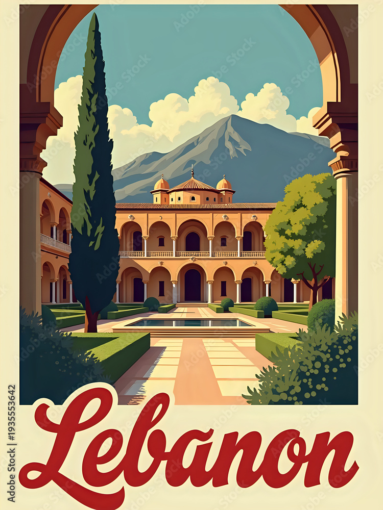 A historical courtyard in Lebanon with arches and trees. A mountain rises in the background. The courtyard has pathways and a central water feature. It captures local architecture and landscape.