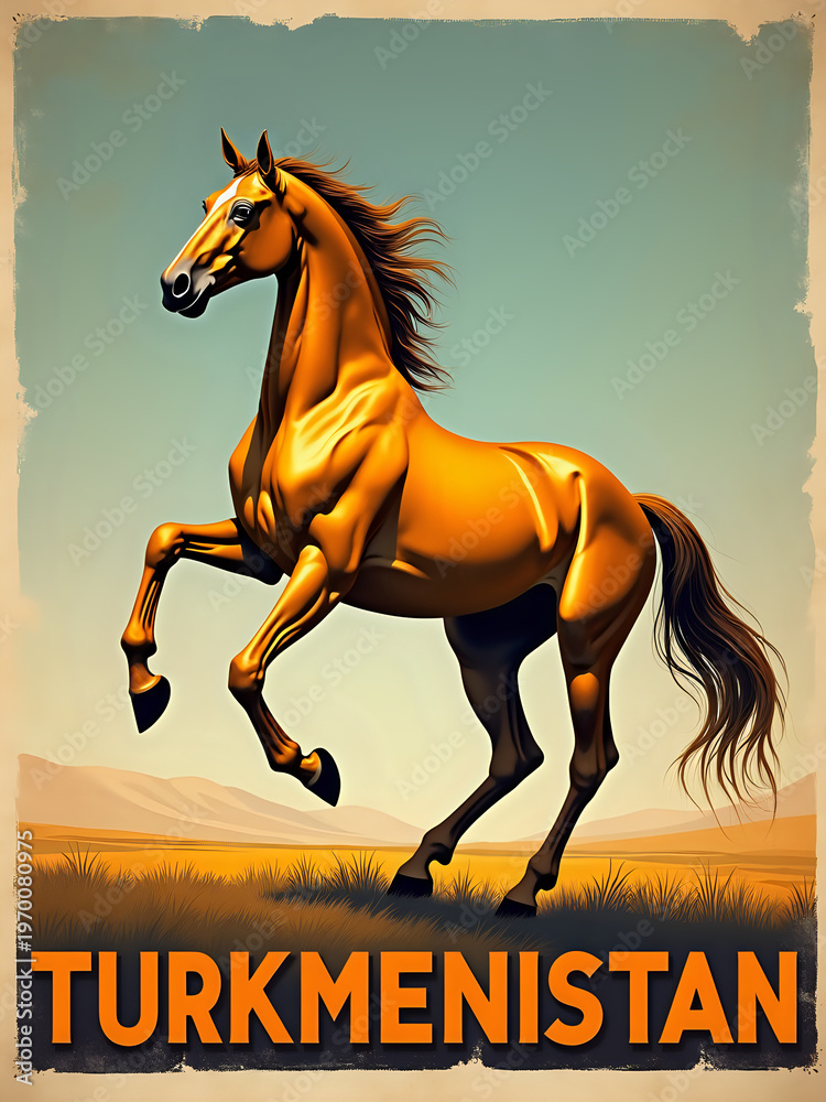 A horse stands on its hind legs in a natural setting. The background shows a flat landscape with distant hills.