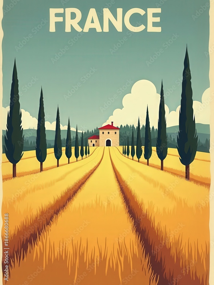 A house stands at the end of a path surrounded by tall trees and golden fields. The sky is blue with clouds. This scene represents the rural landscape in France during daytime.