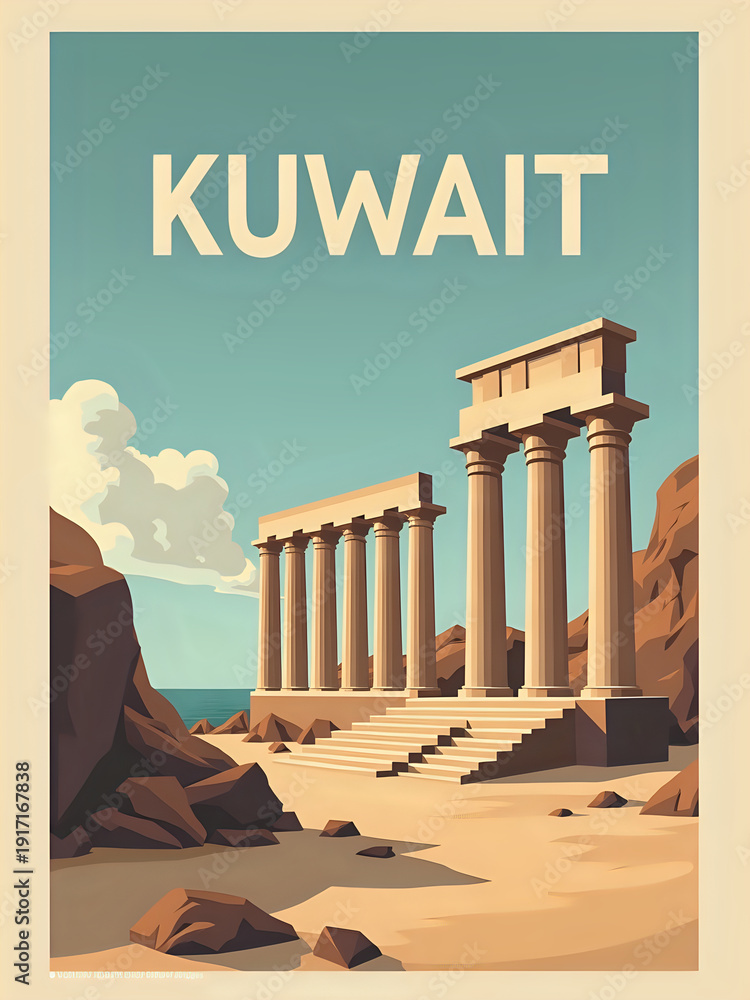 A landscape in Kuwait features ancient columns standing tall against rocky mountains. The area has a clear sky with some clouds and sea visible in the distance.