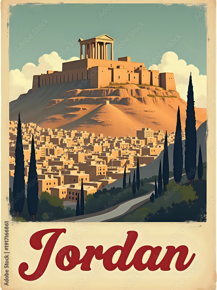 A large ancient structure sits on a hill in Jordan. It overlooks a city with many buildings. Tall trees line the path leading to the site. The sky has clouds.