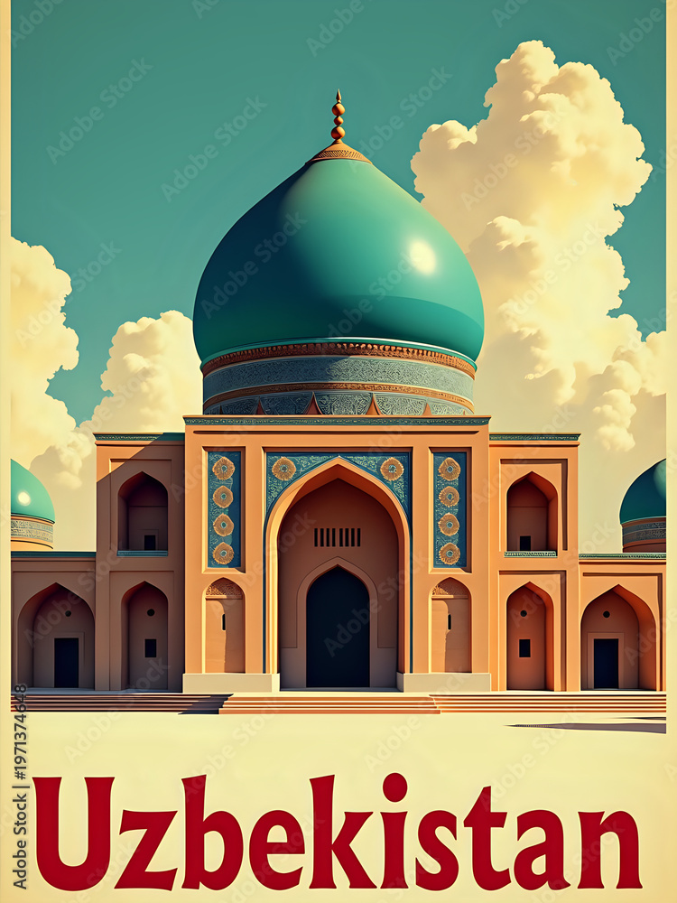A large building stands in Uzbekistan with blue domes and intricate details. The clouds are visible in the sky. This structure shows cultural heritage and artistic design.