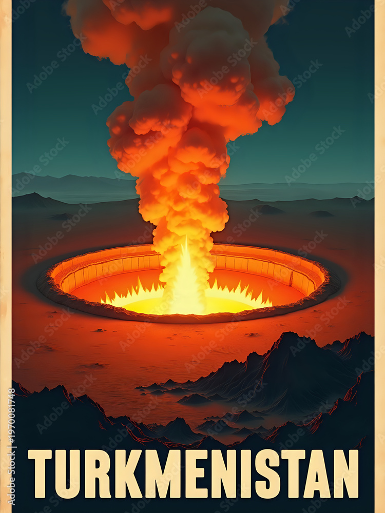 A large, fiery crater is seen in Turkmenistan, releasing flames and thick smoke into the sky. This natural site draws the interest of travelers and researchers alike.