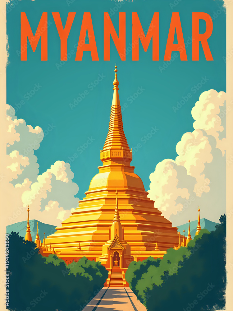 A large golden stupa stands tall against a clear blue sky in Myanmar. The structure has many tiers and intricate details. Lush green trees surround the base, adding to the scenes beauty.