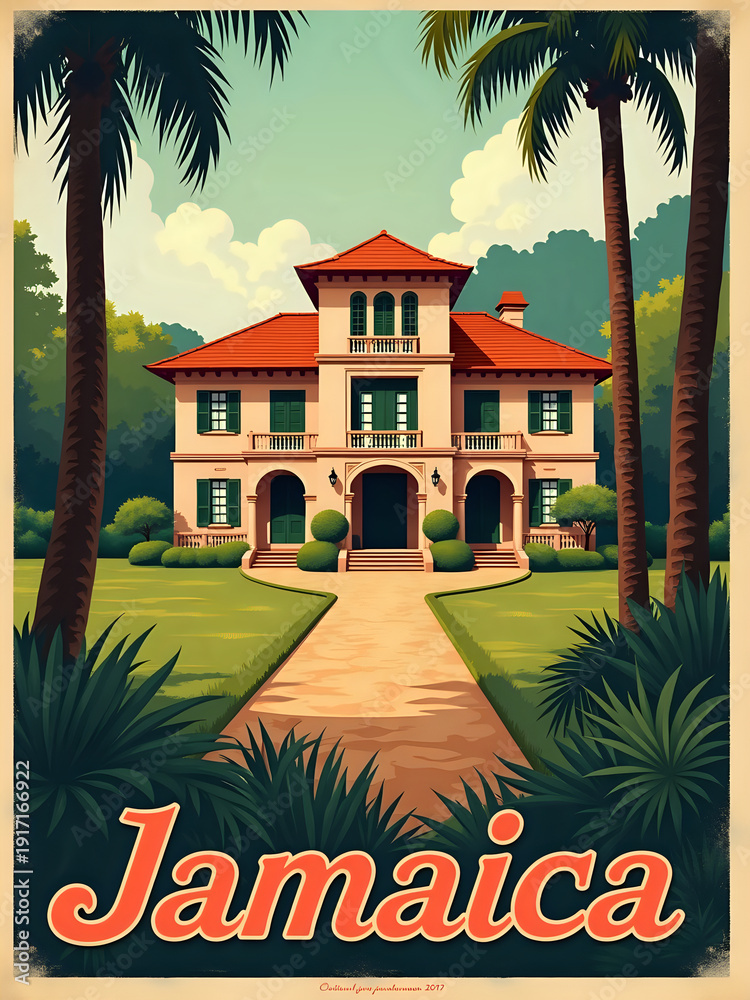 A large house with a red roof is located in Jamaica. The house has green shutters and a wide walkway leading up to it. Surrounding plants and trees are present.
