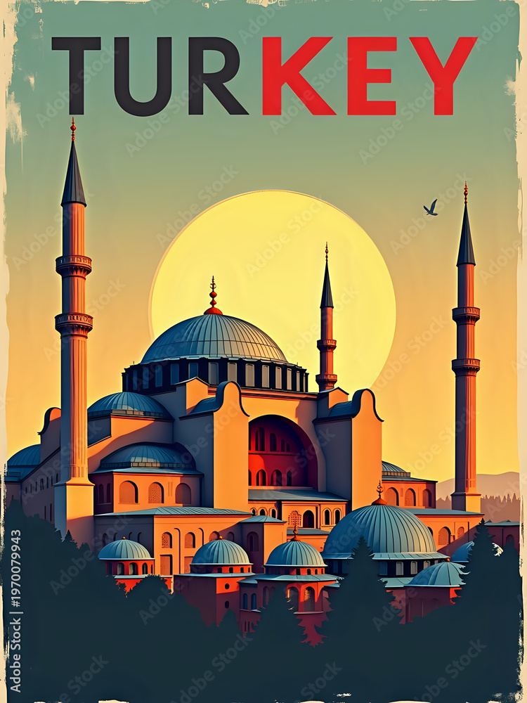 A large mosque with multiple domes and tall minarets is shown against a bright sun. Green trees surround the building, and the sky is clear. This spot is in Turkey, showcasing its architecture.