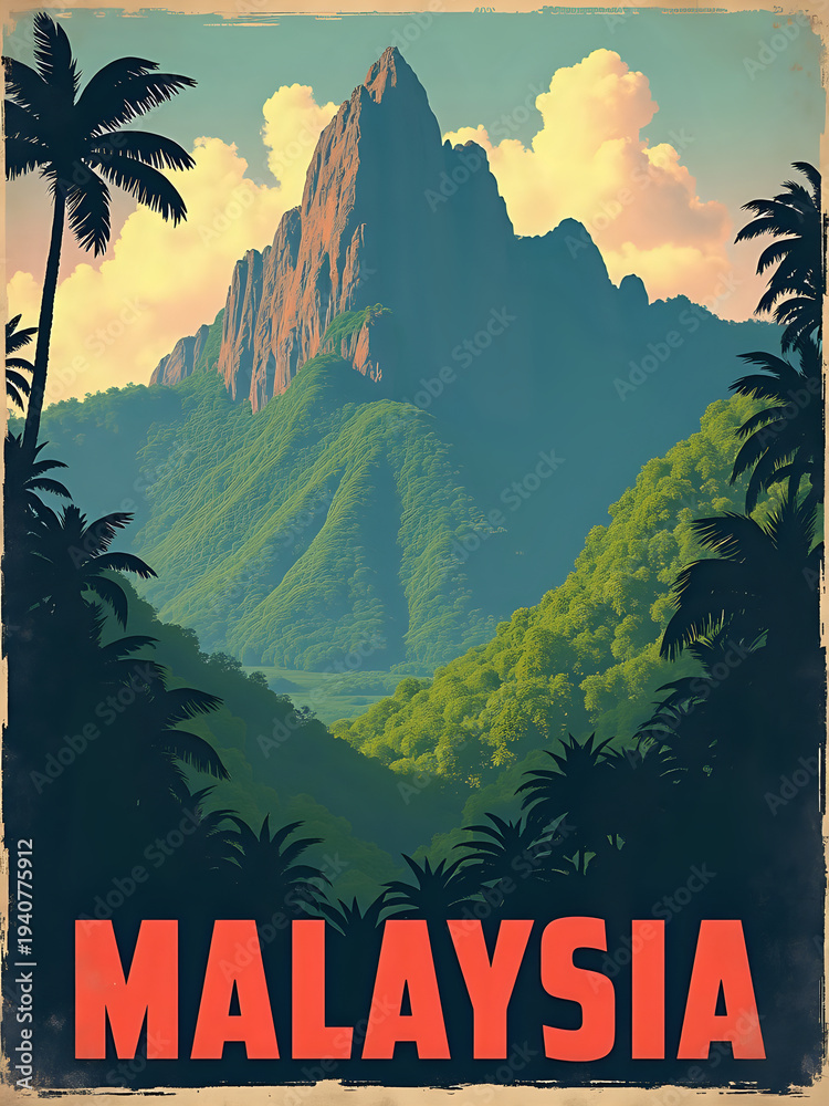 A large mountain stands tall surrounded by green hills and palm trees. The sky shows soft clouds during daytime. This scene showcases natural beauty in Malaysias landscape.