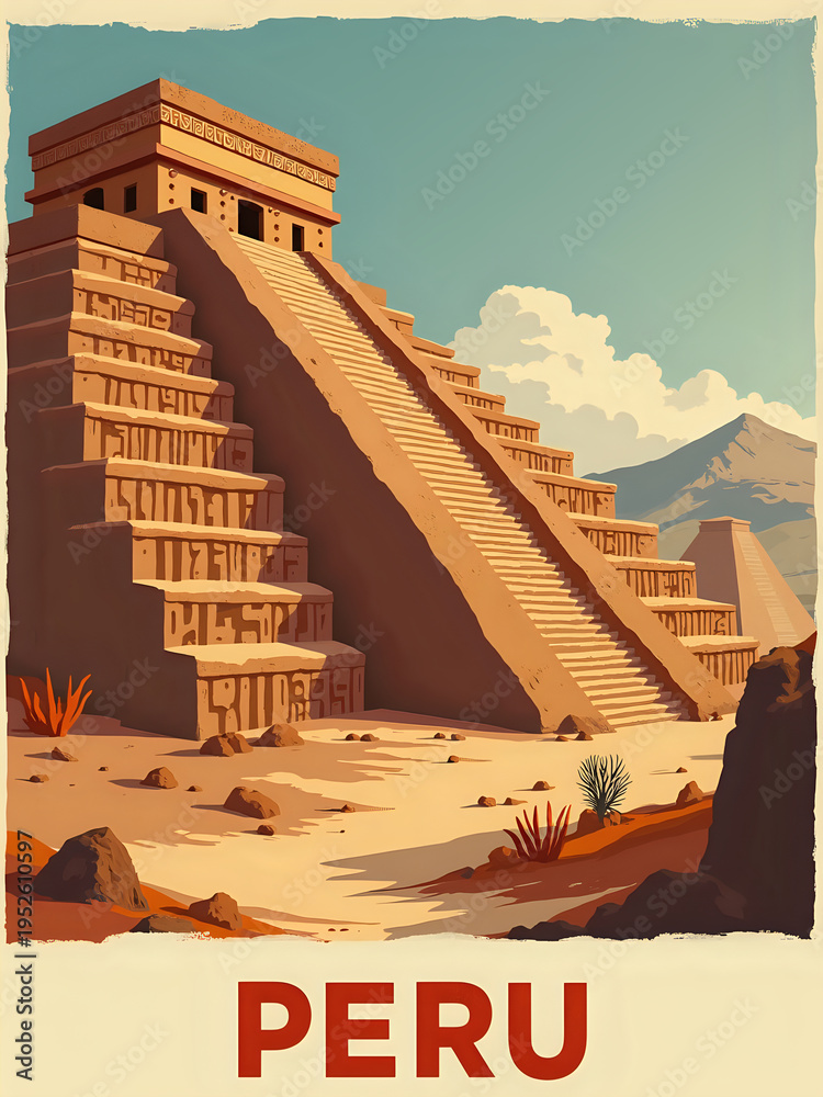 A large structure with many steps is built on a hillside in Peru. The sun shines down on the stone walls. Mountains rise in the background against a blue sky with some clouds.