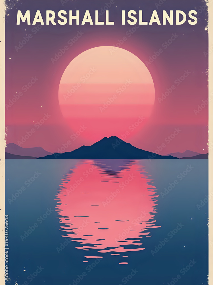 A large sun sets over the water, casting a pink and purple reflection on the surface. A dark mountain silhouette stands in the background. The scene captures a moment in the Marshall Islands.