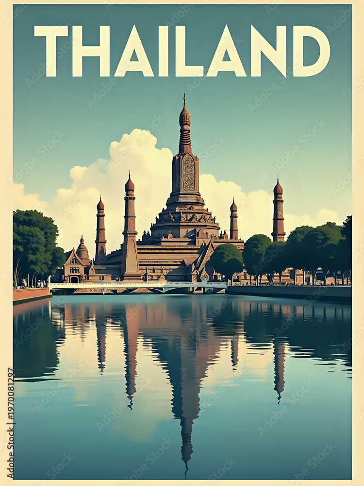 A large temple stands in Thailand. The structure has tall spires and surrounded by water. Trees line the area, and clouds fill the blue sky. The scene captures the temples reflection in the water.