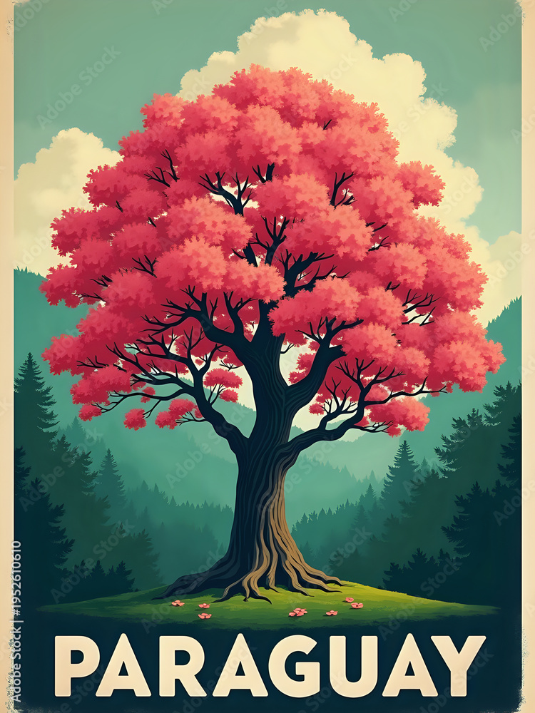 A large tree with bright pink leaves is seen in the foreground. Behind it, green mountains rise under a blue sky. The landscape shows a natural setting typical of Paraguay.