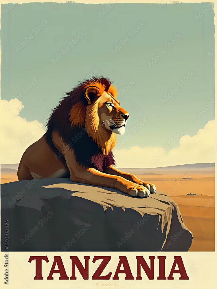 A lion sits on a rock in Tanzania, looking out over the vast landscape. The background shows dry fields and a clear blue sky. The lion appears calm and alert.