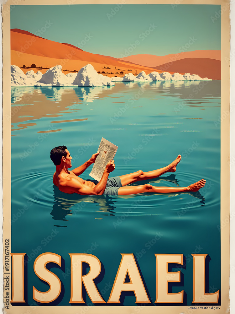 A man is floating in the water at the Dead Sea, reading a newspaper. The landscape features mountains and clear skies, showing the unique environment of Israel.