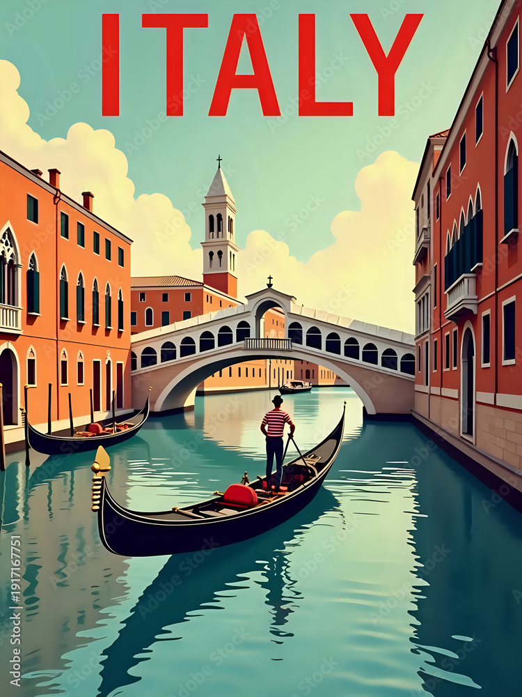 A man stands in a gondola, guiding it through a narrow canal in Venice. Historic buildings line the waterway, with a bridge in the background under a clear sky. It is a beautiful day.