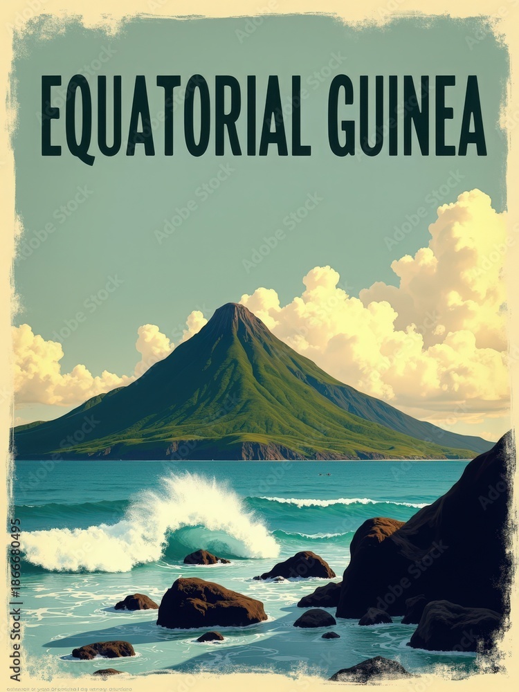 A mountain stands in Equatorial Guinea with a clear sky above. Waves crash onto the rocky shoreline. Soft clouds float in the sky, adding to the natural beauty of the scene.