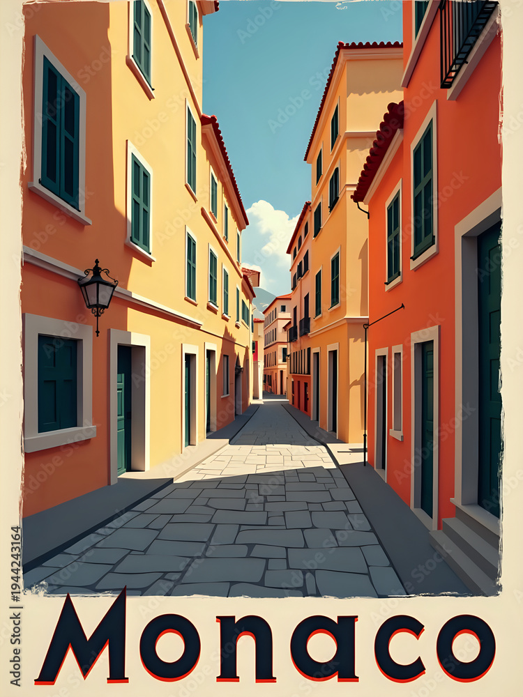 A narrow street in Monaco shows tall buildings painted in orange and yellow. The street is lined with windows and doors. The sun shines down, creating shadows on the cobblestone path.