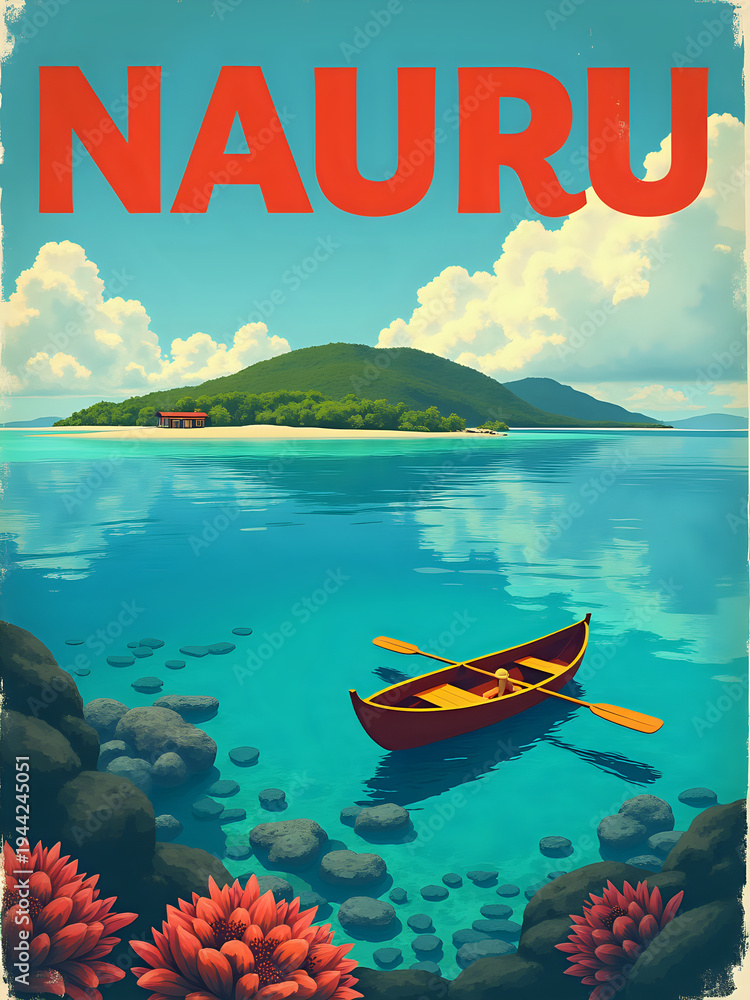 A person is rowing a boat on clear water near Nauru island. The calm sea reflects the blue sky and clouds. A green hill is visible in the background with some plants in the foreground.
