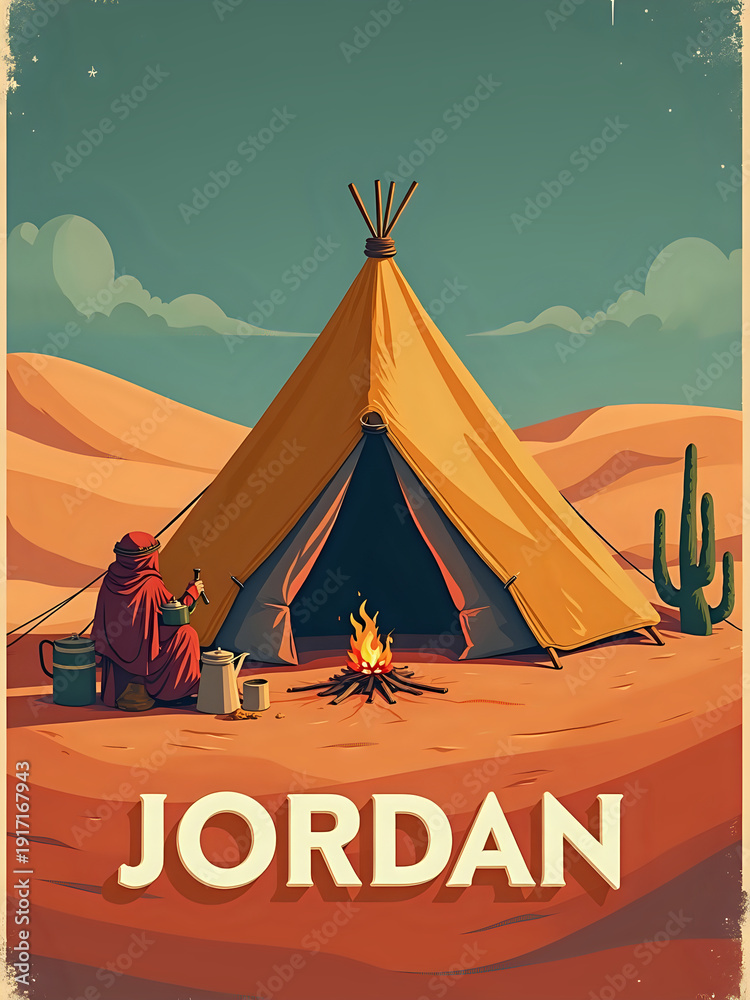 A person sits by a fire in front of a large tent in the desert of Jordan. There are cacti nearby and a clear sky above. The sun sets in the background, adding warmth to the scene.