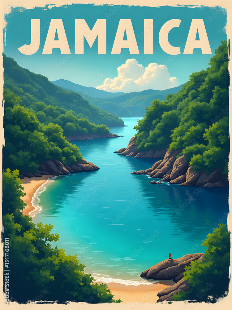 A person stands on a rock by the water in Jamaica. Lush green hills surround a calm blue bay. The sandy beach is small, and clouds are visible in the sky. It is a sunny day.