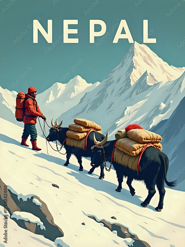 A person walks on a snow-covered trail in the mountains of Nepal. Two yaks follow behind, each loaded with bags. Snowy peaks rise in the background under a clear sky.