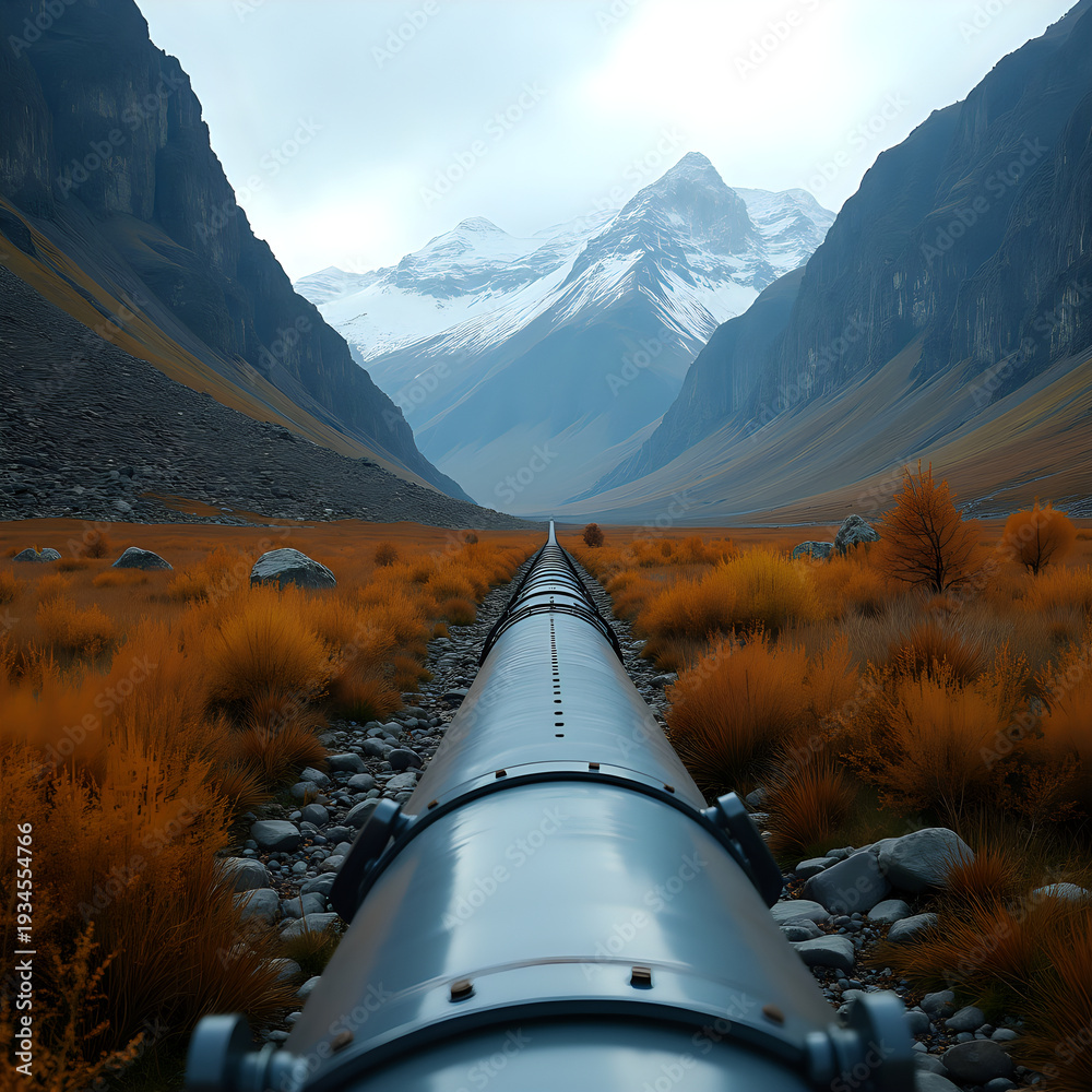 A pipeline stretches through a valley filled with dry grass and rocks. Mountains rise in the background, with snow caps on top. The sky is cloudy, indicating a cool day.