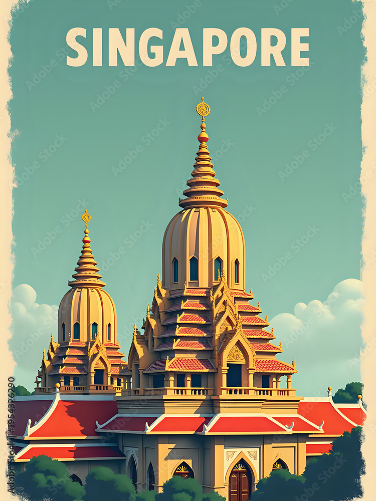A prominent temple in Singapore. The structure features multiple golden domes and intricate designs. Clear skies form the backdrop, highlighting the architecture.