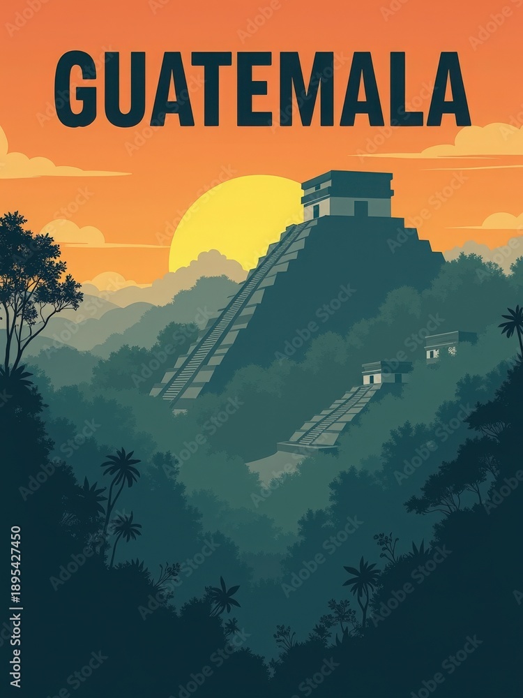 A pyramid structure in Guatemala at sunset. The sun sets behind the pyramid, casting shadows on the landscape. Trees fill the foreground and hills surround the site.