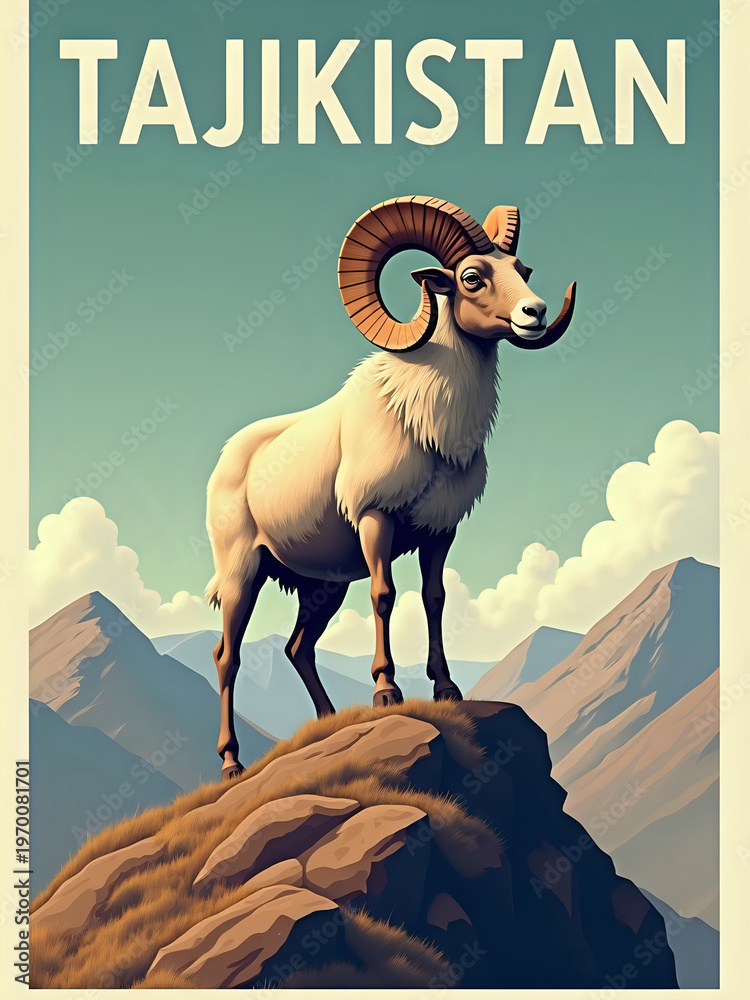 A ram stands on a rock with mountains in the background. The scene shows the natural beauty of Tajikistan. The name of the country is displayed clearly above the ram.