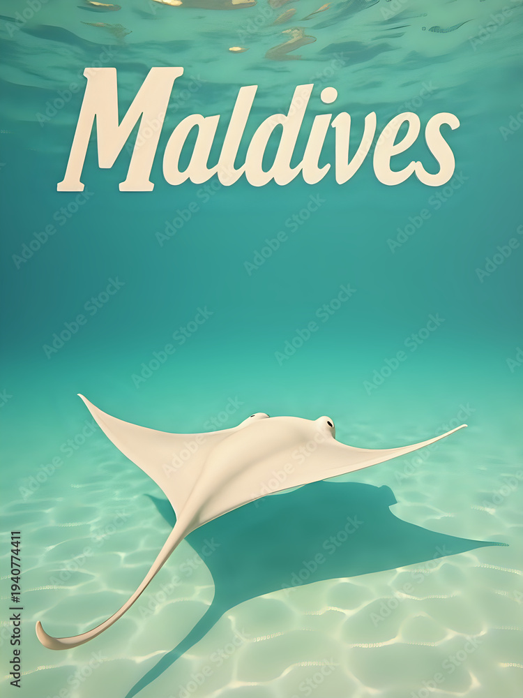 A ray swims slowly in the clear blue water of the Maldives. Sunlight shines through the surface creating patterns on the sand below.