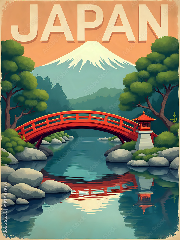 A red bridge spans a calm body of water. Trees surround the area, and mountains rise in the background. The sky shows colors of sunset. A small structure stands near the water.