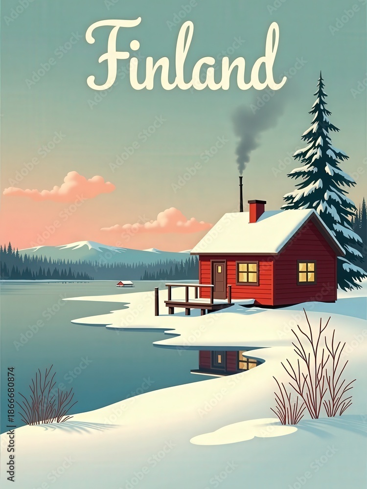 A red wooden cabin sits by a frozen lake surrounded by snow-covered land in Finland. Mountains are visible in the background with trees lining the shore. Smoke rises from the cabins chimney.